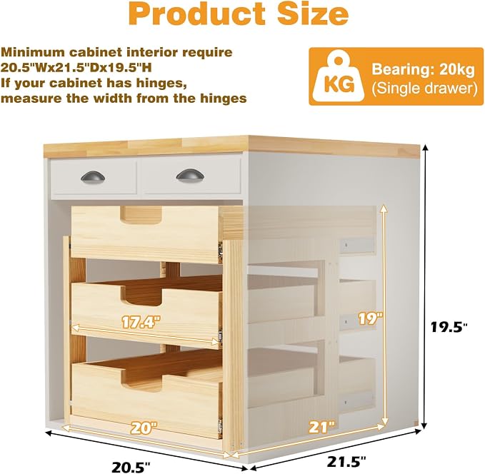 Pull Out Cabinet Organizer, 20''W×21''D Sliding Drawers for Cabinets, 3 Tier Soft Close Slide Out Wooden Pull out Drawers, Base Cabinet Organization for Kitchen, Pantry, Bathroom - Image 3