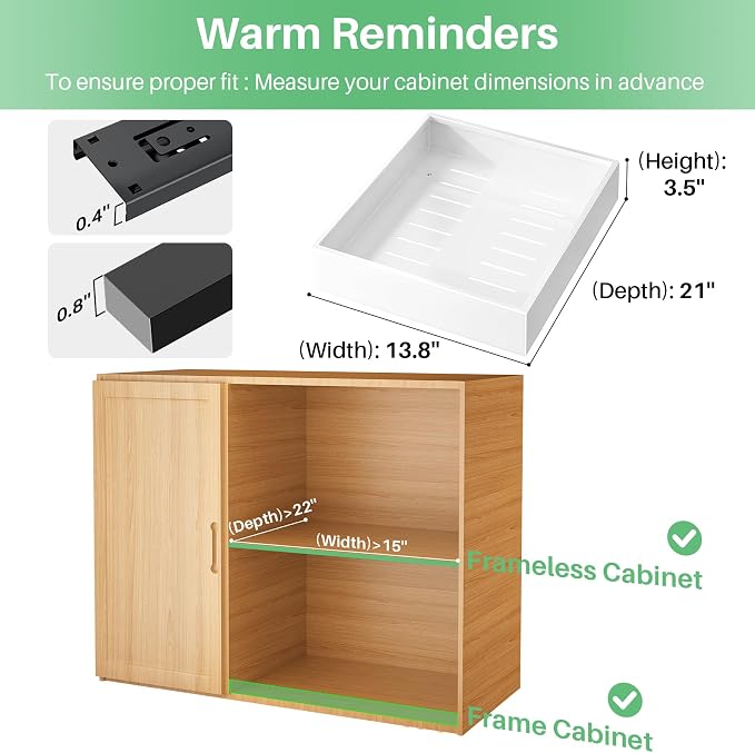 4 Pack Pull out Cabinet Organizer, 21"Deep, Heavy Duty Full-extension Slide out Drawers for Kitchen Cabinet, Roll out Shelf Storage with Nano Adhesive for Pots, Bathroom, Pantry, Home, White - Image 2