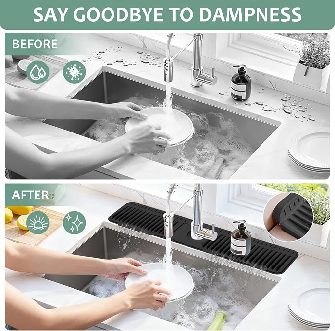 24 Inch Faucet Mat for Kitchen Sink Silicone Folding Faucet Mat for Bathroom Sink Splash Guard 7° Slope Water Draining Tray with Button Lock for Kitchen Bathroom Bar ect(Black) - Image 4