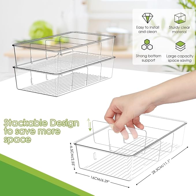 ZIZOTI Snack Organizer for Pantry Shelf, 2 Pack Clear Plastic Pantry Storage Bins with 3 Dividers for Snacks, Spices, Chips Food Organizer, Stackable Pantry Organizers for Kitchen, Fridge, Cabinet - Image 3