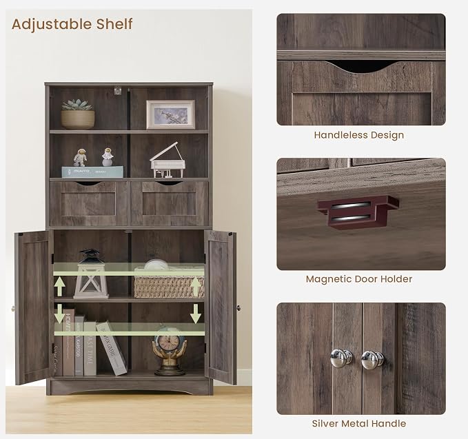Iwell Tall Storage Cabinet with 2 Drawers & Adjustable Shelf, Bathroom Cabinet with Doors, Kitchen Pantry Storage Cabinets, Cupboard for Living Room, Dining Room, Entryway, Rustic Gray - Image 6