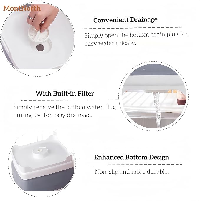 MontNorth Collapsible Wash Basin 9L, Foldable Dish Tub with Drain Plug, Portable Collapsible Dish Basin, Camping Sink for Washing Dishes, Laundry & Kitchen Use,Gray - Image 6