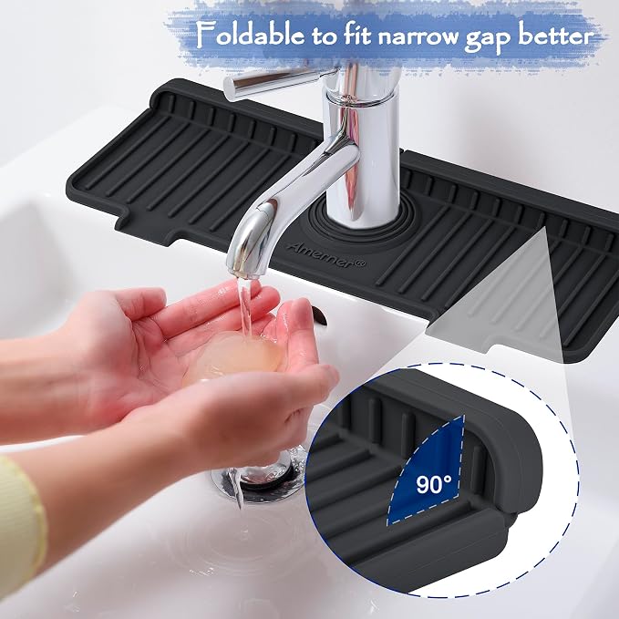 Amerner Kitchen Sink Splash Guard, 10° Large Slope & Adaptable Hole Faucet Mat for Kitchen Sink, Silicone Sink Organizer Sponge Holder for Kitchen, Bathroom, RV, Bar, 14.2” x 5.1”, Black - Image 5