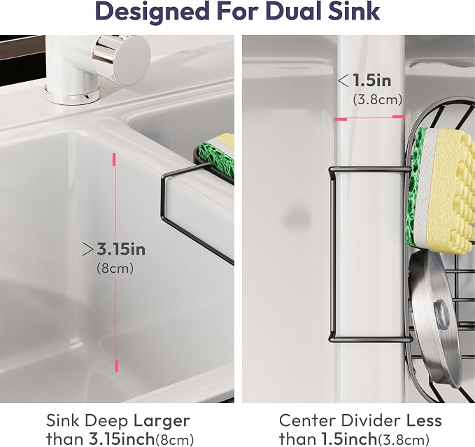 SWTYMIKI Sponge Holder for Kitchen Sink - Movable Kitchen Sink Caddy with M Shape Hook, Stainless Steel Hanging Sponges Caddy Organizer in Double Bowl Sinks Depth>3.15in, Middle Divider<1.5in, Black - Image 2