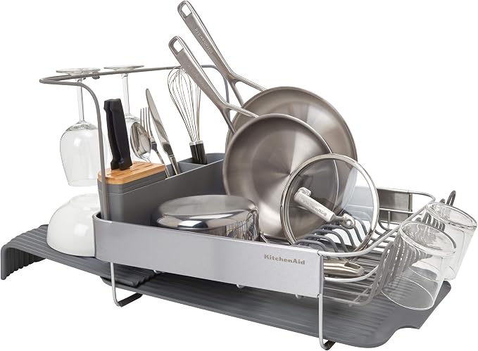 KitchenAid Compact to Full Size Expandable, Rust Resistant Satin Coated Dish Rack with Angled Self Draining Drain Board and Removable Flatware Caddy, 24-Inch, Charcoal - Image 7