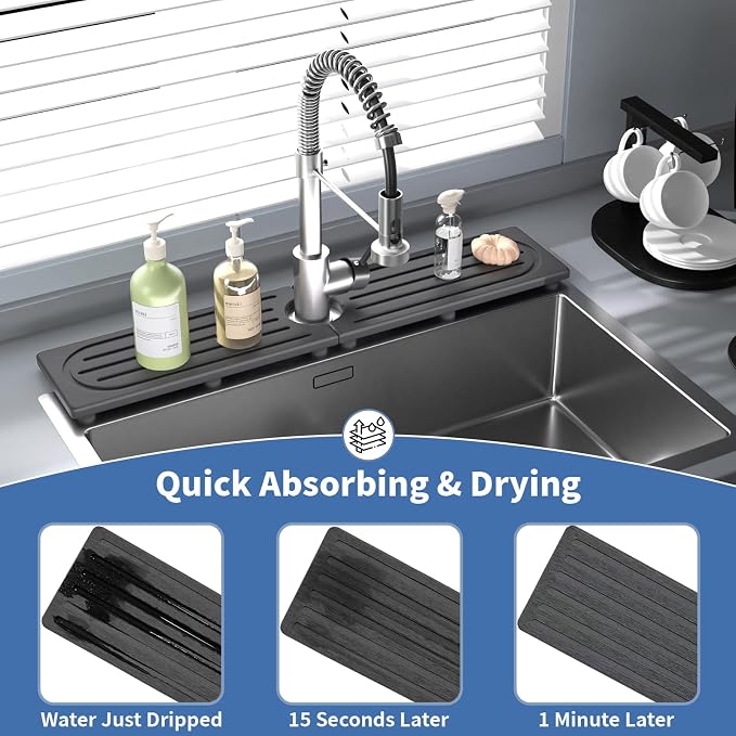 Fast Drying Kitchen Sink Splash Guard, Durable Stone Kitchen Faucet Mat, Water Absorbing Stone Tray for Sink, Diatomite Faucet Mat for Kitchen Sink, Stone Drying Mat for Kitchen and Bathroom Counter - Image 5
