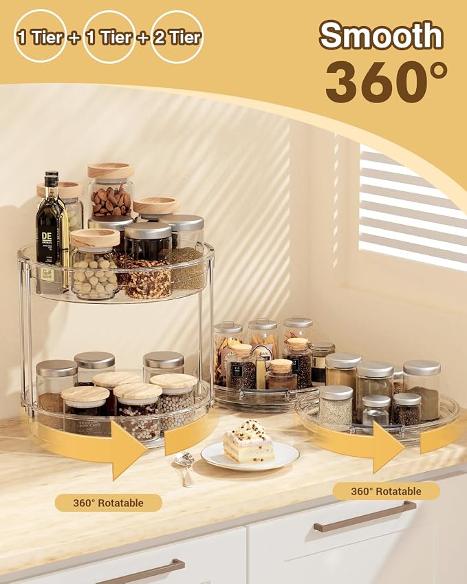 INCOSTAR 3 Pack Clear Lazy Susan Turntable 9'' & 11.8'' for Cabinet | Two-Tier Spinning Organizer, Space-Saving Pantry Storage Rack, Clear Durable Plastic, Makeup & Bathroom - Image 3