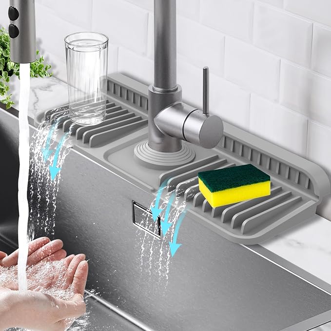 14.6-Inch Kitchen Sink Splash Guard Mat | 7° Slope for Fast Self-Draining | Snap-Lock Design | Universal & Cuttable Silicone Faucet Mat GRAY by Hugro+Tarfive