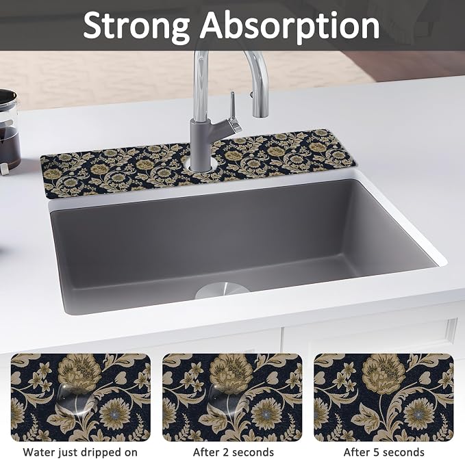 24" X 5.5" Kitchen Sink Splash Guard Faucet Mat Floral Flower Super Absorbent Fast Drying Faucet Guard & Draining Mat Sink Splash Guard Behind Faucet for Kitchen, Bathroom - Image 3