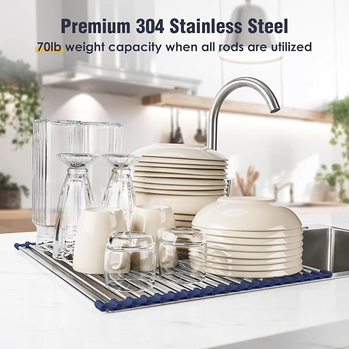 Tomorotec Roll Up Dish Drying Rack Over Sink, 304 Steel, 17.7x15.5, Indigo | Anti-Slip Silicone Rims For Grip, Heat-Resistant Trivet Mat Holding Heavy Cookware, Rustproof Kitchen Counter Space Saver - Image 5