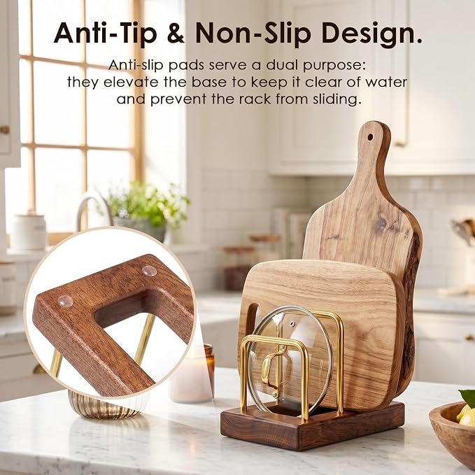 2 Pack Cutting Board Holder with Hardwood Base,Stand for Pot Lids | Heavy Duty Chopping Boards and Baking Sheets,Small Organization Dish Rack for Countertop - Image 5