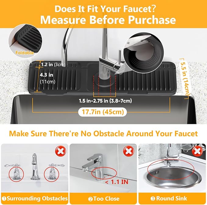 17.7'' Folding Faucet Mat for Kitchen Sink Splash Guard[7° Slope Fast Self-draining][Snap Lock Fit] Kitchen Sink Faucet Mat Splash Guard Kitchen Sink Area Water Splash Guard Behind Faucet Draining Mat - Image 2
