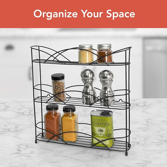 Spectrum 3 Tier Spice Rack Organizer Black Countertop Wire Shelf Spice Rack for Modern Kitchen Pantry Cabinet, Organize Spices with Three Tier Spice Shelf for Kitchen Storage with Wall Mount Option - Image 2