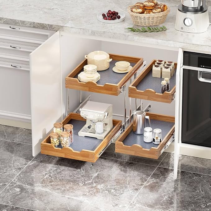 OCG 2 Tier Pull Out Drawers For Cabinets, Double Tier Slide out Wood Cabinet Organizer, Pull Out Shelves for Base Cabinet Organization in Kitchen, Pantry, Bathroom - Image 6