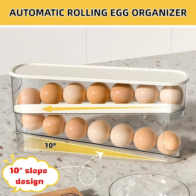 Egg Holder for Fridge, Space-Saving Automatic Rolling Egg organizer for refrigerator, 2-Layer Stackable Egg dispenser for refrigerator, Egg storage with Lid for Kitchen, Countertop, Dining Room - Image 7