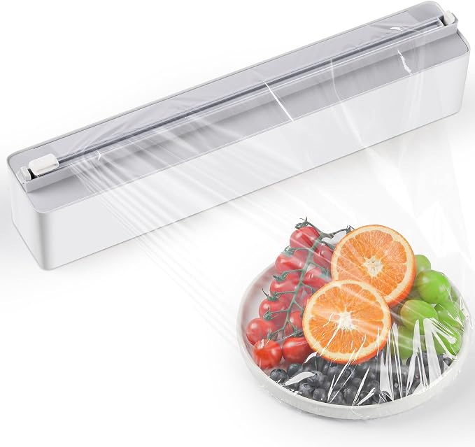 Magnetic Plastic Wrap Dispenser with Cutter - Quasziwa Upgrade Practical Refillable Cling Wrap Aluminum Tin Foil Organizer for Drawer, Include an Extra Roll of 12"X 164' Food Cling Film - Grey by Quasziwa