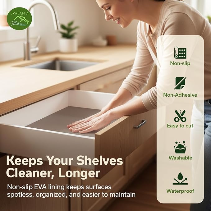 EVALAND Shelf Liner Cabinet Liner Non-Adhesive Drawer Liner 12 in x 33 FT | Non-Slip, Washable, Waterproof, Fridge Liners, Contact Paper, Shelf Liners for Cabinets, Kitchen, Refrigerator, Beige - Image 3