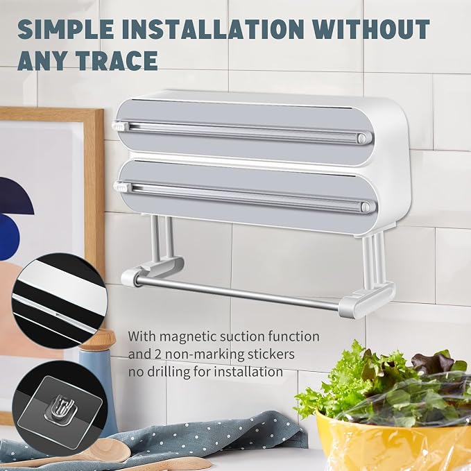 AUSTUFF 3 in 1 Plastic Wrap Dispenser with Cutter Magnetic Aluminum Foil | Wall Mount Kitchen Wrap Organizer, Cling Wrap Dispenser with Paper Towel Holder and Cutter - Image 4