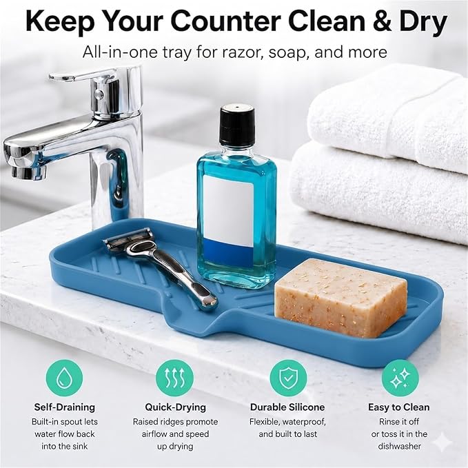 MicoYang Silicone Soap Dish with Drain Spout — Self-Draining Double Sink Organizer Tray for Kitchen & Bath, Dispensers, Sponges & Soap Holder, Non-Slip & Dishwasher Safe, Lichen Blue (Large, 12"×4") - Image 6