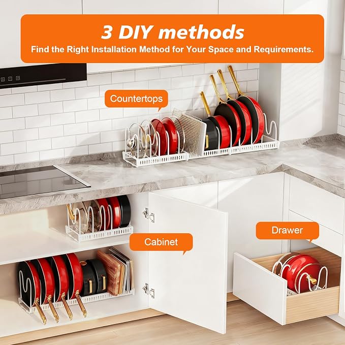 Expandable Pots and Pans Organizer Rack for Under-Cabinet Storage - Adjustable Kitchen Cabinet Organizer with 13 Dividers, Cutting Board Holder & 6 Non-Slip Silicone Pads-White - Image 4