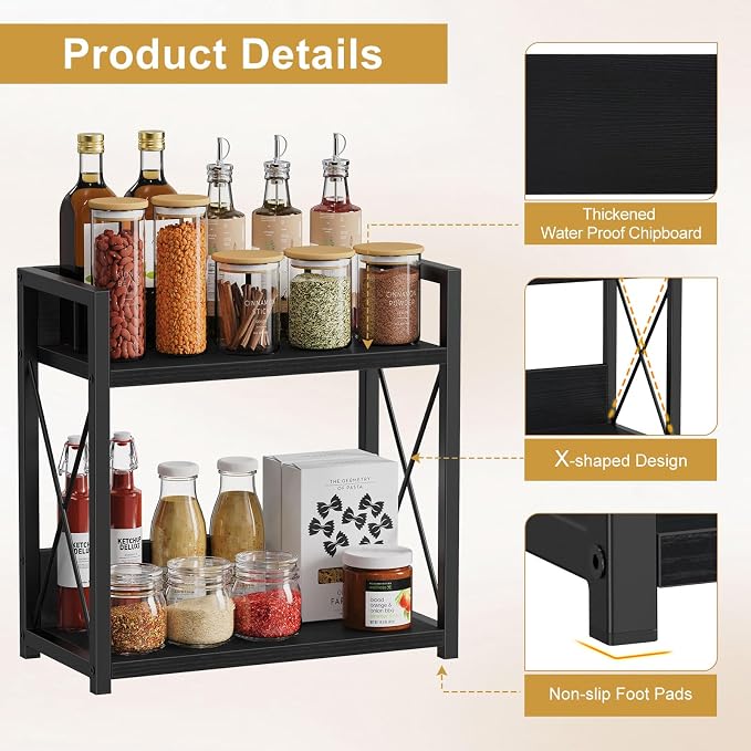 Giikin Kitchen Countertop Organizer, 2 Tier Coffee Bar Organizer, Black Spice Rack for Counter, Kitchen Counter Shelves, Particleboard,15.8" L x 7.9" W x 15.8" H (Black, L) - Image 4