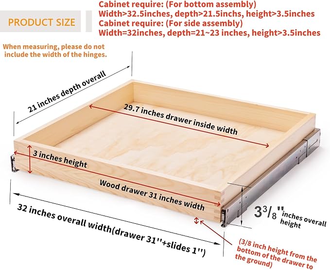32''W x 21''D x 3''H Pull Out Cabinet Drawer Soft Close Slide Out Wood Organizer for Kitchen, Finished, Bottom and Side Assembly (Wood Drawer Part Width is 31inch) - Image 3