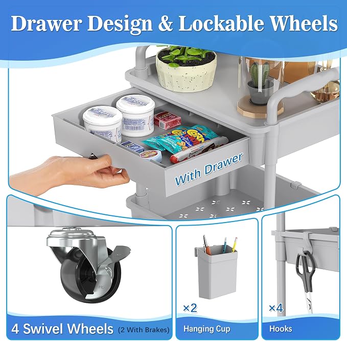 SUNALLY 3 Tier Rolling Cart with Drawer, Craft Storage Cart Organizer, Gray | Bathroom Storage Organizer with 2 Lockable Wheels, Rolling Utility Cart for Kitchen, Office, Baby, Makeup, Nail,Snack,Laundry - Image 3