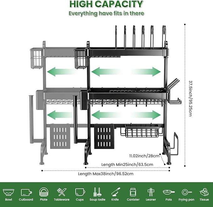 Over The Sink Dish Drying Rack, Adjustable 3 Tier Large Capacity Stainless Steel Drainer with Cutlery/Utensil/Cup Holder Hooks, Kitchen Storage & Organization, 25"-38" L x 11" W x 37.5" H, Black - Image 2