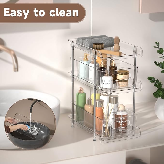 3 Tier Clear Bathroom Organizer with Dividers, Multi-Purpose Pull-Out Pantry Organization and Storage, Under Sink Closet Organizers and Storage, Vanity Skincare Cosmetic Organizer Medicine Bins - Image 7