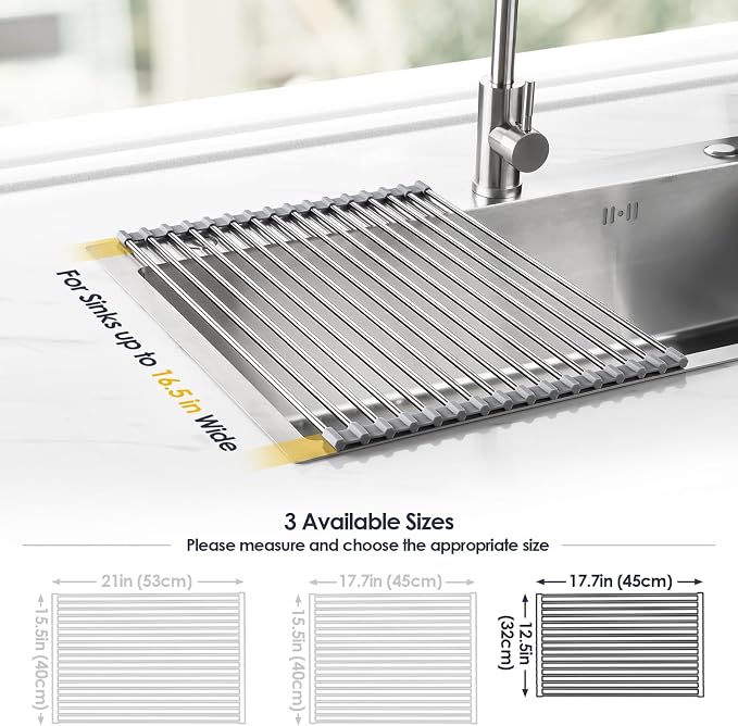 Tomorotec Roll Up Dish Drying Rack Over Sink, 304 Steel, 17.7x12.5, Grey | Anti-Slip Silicone Rims For Grip, Heat-Resistant Trivet Mat Holding Heavy Cookware, Rustproof Kitchen Counter Space Saver - Image 4