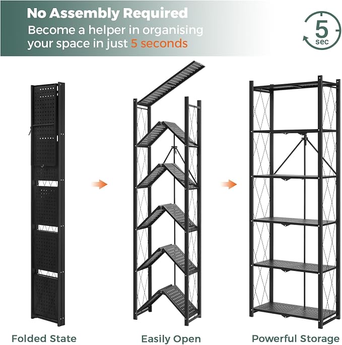 DEANIC 6-Shelf Folding Bookcase with Wheels, Heavy Duty Storage Shelves, Freestanding Metal Wire Shelving Unit for Living Room, Office, Kitchen, Basement, Pantry (Black 2 Pack) - Image 3