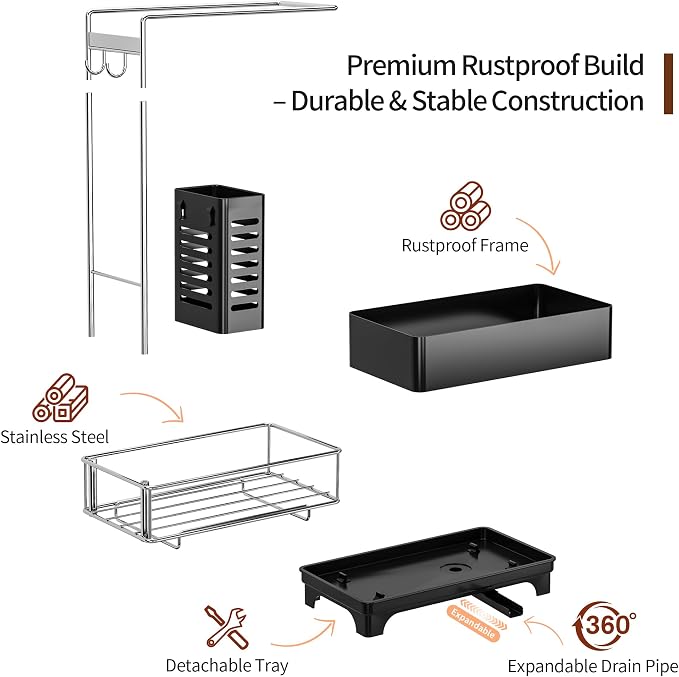 MOUKABAL 2-Tier Sponge Holder for Kitchen Sink, Sink Caddy Organizer Black | Large Capacity/Stainless Steel/Drain Holes Keep Items Dry/Holds Brush & Dishcloth/Side Hooks/Kitchen Counter Organizer - Image 3