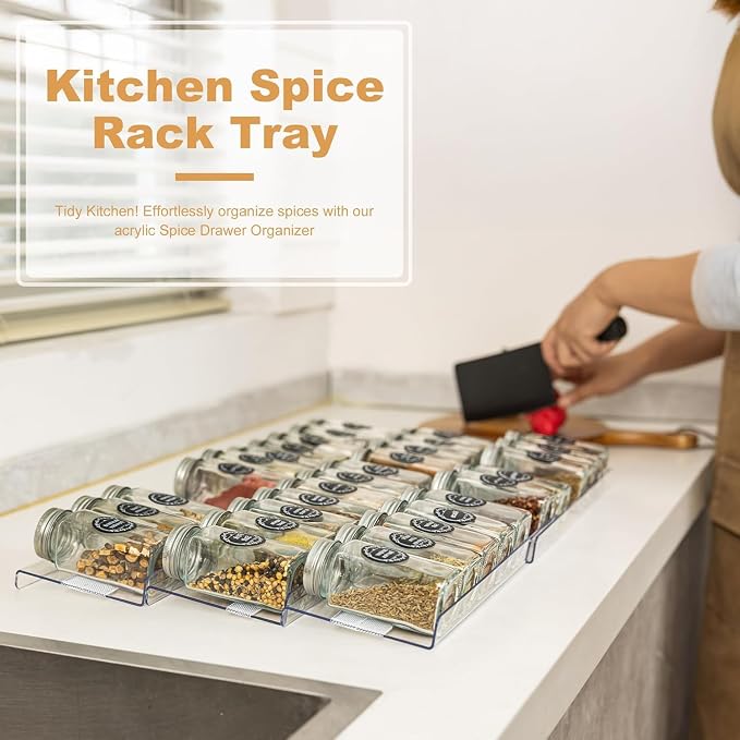 Adjustable Spice Rack Organizer for Drawer 4-Pack | Expandable Seasoning Storage (13" to 26") with Anti-Slip Mat, Acrylic Tiered Spice Tray for Condiment - Image 7
