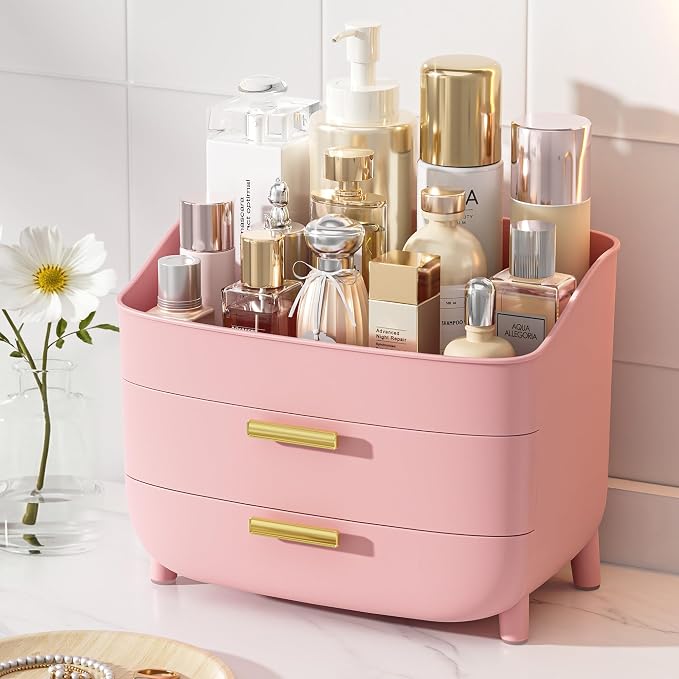 Vtopmart 3-Tier Skincare Makeup Organizer, Pink | With Drawers, For Vanity and Bathroom Countertop, Large Cosmetic Storage Box Case for Dresser, With Non-Slip Base by Vtopmart