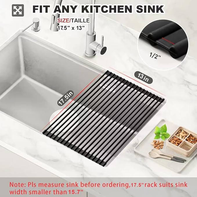 MERRYBOX Roll Up Dish Drying Rack Silicone Wrapped Over The Sink Dish Drying Rack Multipurpose Foldable Sink Drying Mat Anti-Slip & Anti-Rust Dish Rack for Kitchen, 17.5" x 13", Black - Image 2