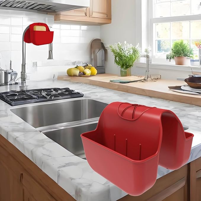 Sponge Holder for Kitchen Sink, Silicone Sink Saddle Caddy Organizer Rack, Sponges Holder Over Faucet, Hanging Kitchen Organizer Accessories Rack Basket Red by Unknown