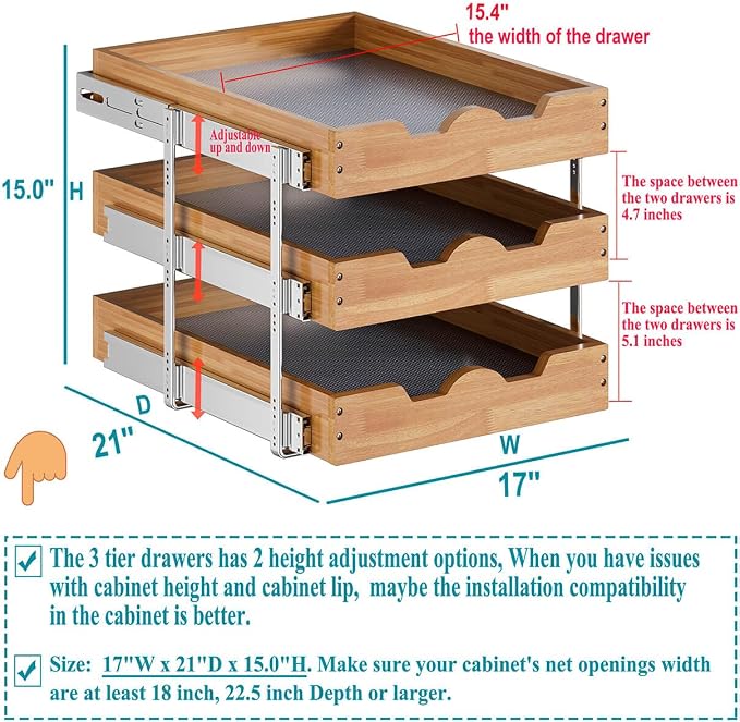 OCG Pull Out Cabinet Drawer 17" W x 21" D, 3 Tier Pull Out Cabinet Organizer, Heavy-Duty Slide Out Drawer for Cabinets, Organization for Kitchen, Pantry, Bathroom - Image 2