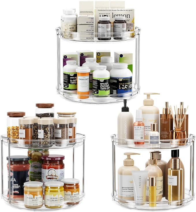 LAMU 3 Pack 2 Tier Lazy Susan Turntable Organizer 9.25'' Rotating Spice Rack Organization for Cabinet, Kitchen, Pantry, Countertop, Bathroom, Vanity, Medicine Cabinet Organizer, Clear by YourHome-OrganizationHelper