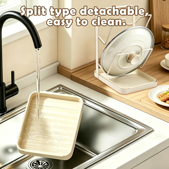 BEEFLYING Pot Lid Holder Organizer for Countertop with Tray, Almond | Holds 2 Pot Lids, 7.17*5.39*8.86In, Carbon Steel for Cooking Stove Top Kitchen Counter Cabinet Blanched - Image 2