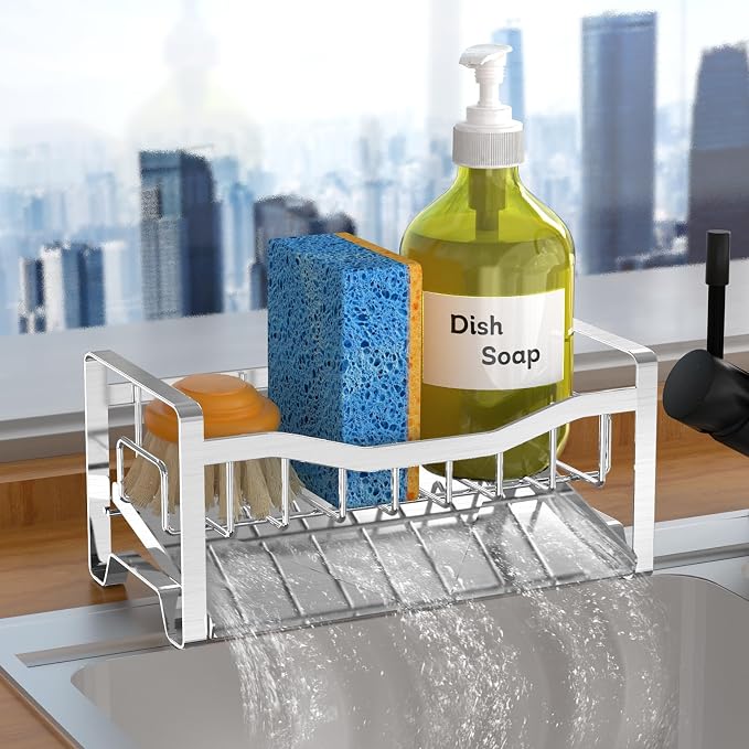 Stainless Steel Kitchen Sink Caddy Organizer with Auto Drain Tray, Sponge Holder for Countertop Storage Silver by Unknown