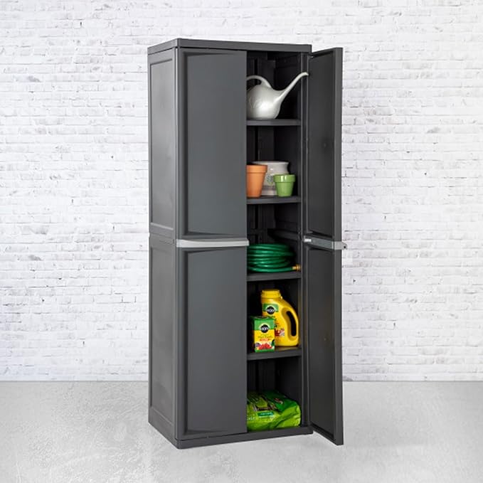 Sterilite 4 Shelf Cabinet, Durable Plastic Storage Solution, Gray, 1 Pack | Adjustable Shelves - Plastic Shelving Unit for Organizing Garage, Pantry, Basement, Laundry Room or Mudroom - Image 6