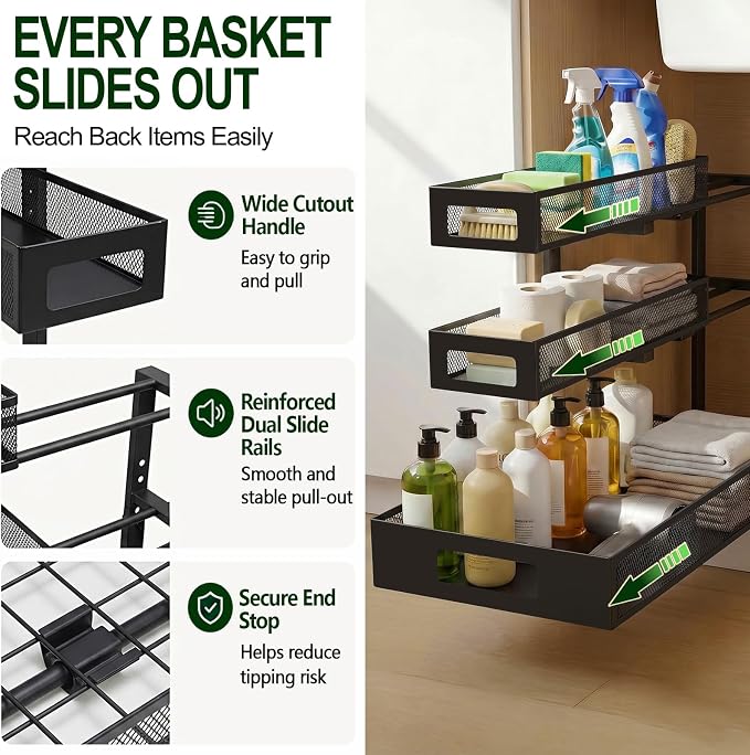 3 Tier Under Sink Organizer,2 Pack Pull Out Cabinet Shelves with Adjustable Height,Heavy Duty Carbon Steel L-Shaped Storage for Kitchen Bathroom Sink,Pantry & Laundry,Black - Image 4