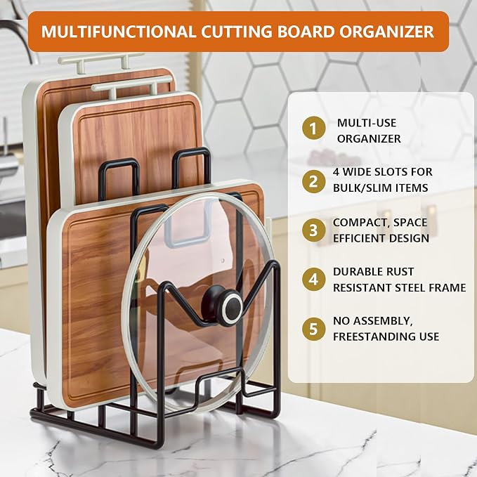 Multifunctional Cutting Board Organizer, Cutting Board Holder Rack Baking Cookie Pan Sheets Cooling Racks Storage Stand for Kitchen Cabinet -Divided Holder with 4 Slots (1PS Black) - Image 2