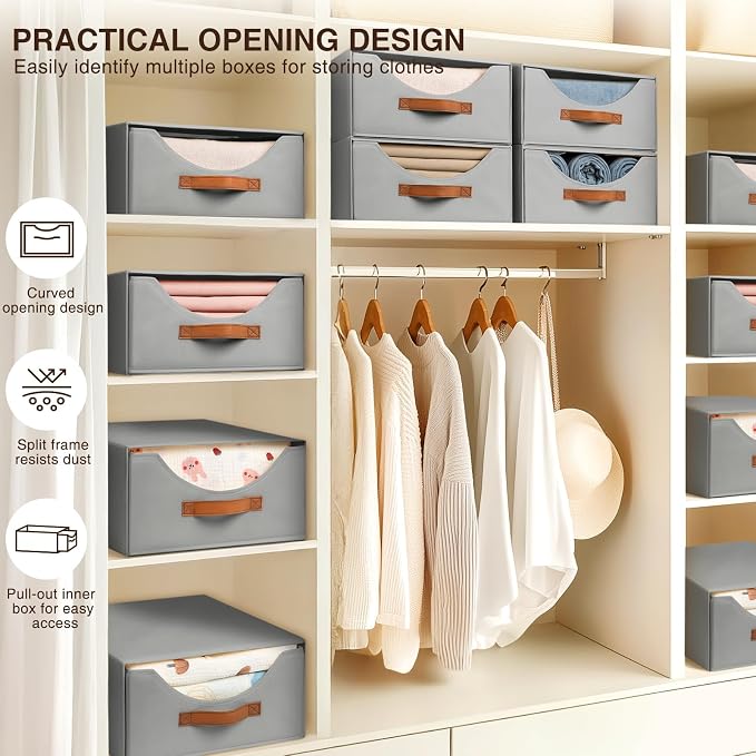 Stackable Storage Drawers - Large Collapsible Storage Bins with Drawers, 8 Pack Closet Shelf Organizer Basket, Fabric Pull Out Organizer for Bedroom, Living Room, Dorm, Grey - Image 6