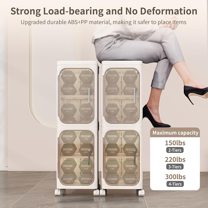 2 Tier Slim Bathroom Storage Cabinet, Foldable and Movable, Beige | Tools Free, ABS and PET, Magnetic Clear Door, Adjustable Shelves, Lockable Wheels, Water Resistant, For Narrow Space - Image 6