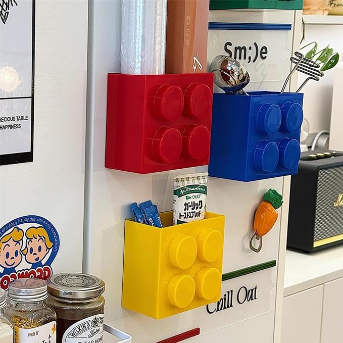 Magnetic Basket Organizer for Fridge - Lego-Style ABS Plastic Storage Box,No Drill Design for Kitchen Counter, Microwave & Whiteboard, Holds Up to 3.5 lbs (Yellow) - Image 3