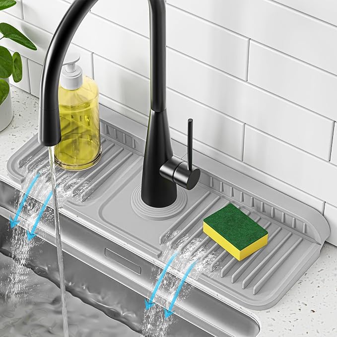 PoYang 14.6 Inch Faucet Mat for Kitchen Sink Splash Guard, Light Grey | Sink Protectors with 7° Slope for Smooth Drainage, Snap Button Holds It in Place, 90° Foldable & Cuttable Hole Fit Most Sinks by PoYang