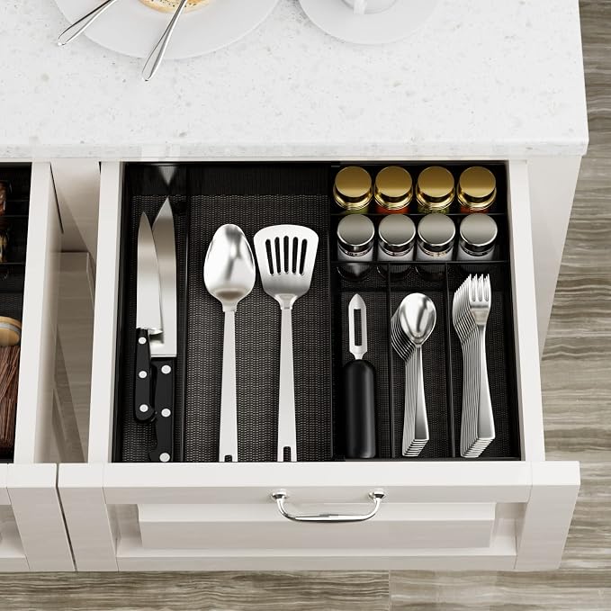 JANE EYRE Utensil Drawer Organizer - Expandable Cutlery Tray, Silverware/Flatware Storage Divider for Kitchen, Mesh Designing with Non-slip Rubber Feet (black) - Image 3