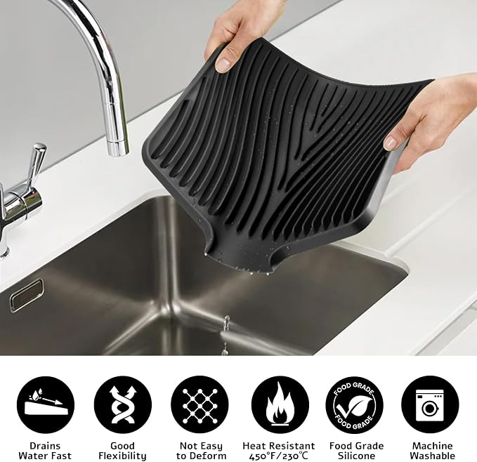 TIKNIK Silicone Dish Drying Mat for Kitchen Counter, Black-2pcs, 16" x 12" | Heat Resistant & Non-Slip Dish Drain Pad with Built-In Drain, Dishwasher Safe, Quick-Dry, Hangable & Roll-Up for Storage - Image 5