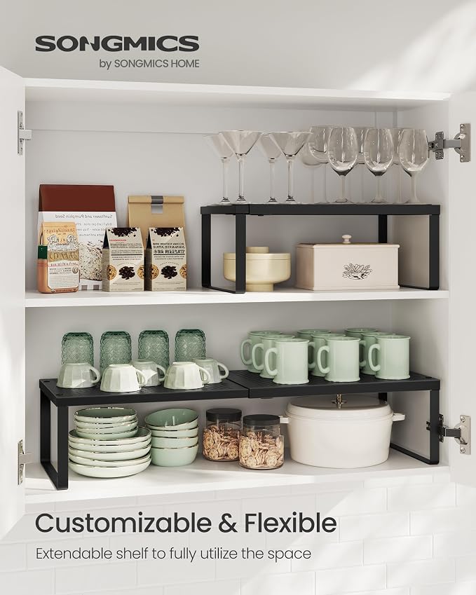 SONGMICS Spice Rack, Expandable Kitchen Countertop Shelf, Steel | Small Cupboard Organizer, Space-Saving, Tabletop, Matte Black, BEQUE Collection UKCS007B01 - Image 2